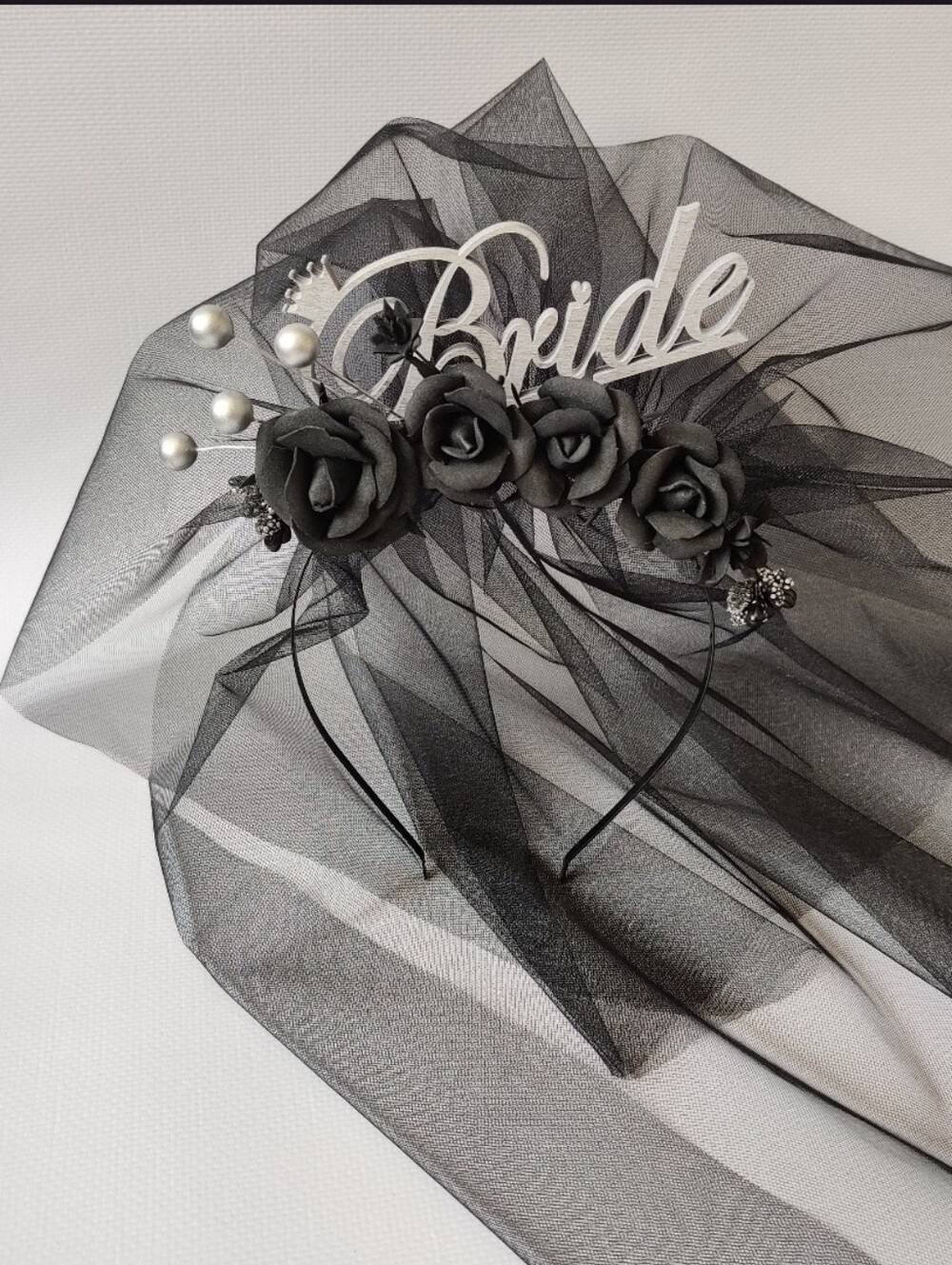 Black bachelorette party veil, Gothic Bride Headband, Halloween Bridal Shower